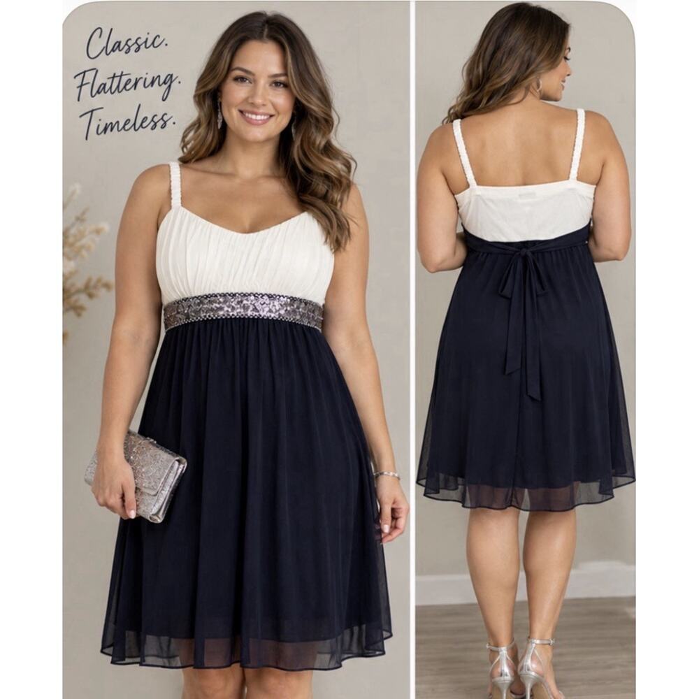 En Focus Women 14W Navy Ivory Sequin Empire Waist Homecoming Cocktail Dress